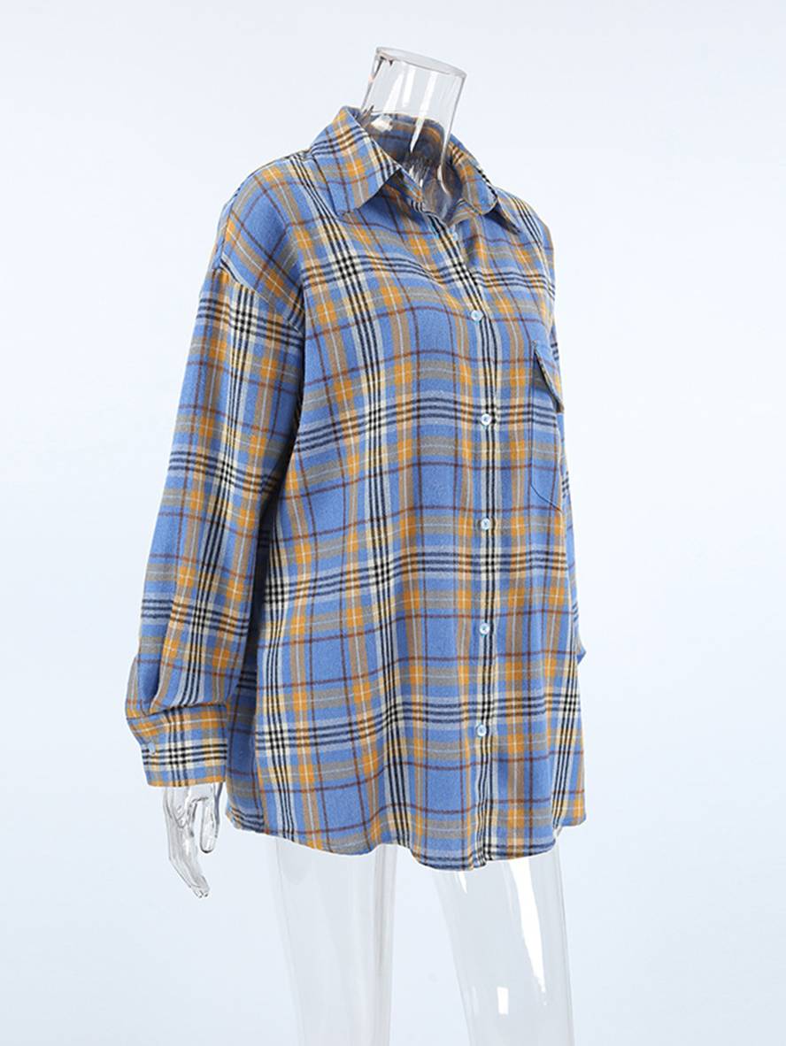 Cocolii surchemise femme carreaux boutonnage poches col chemise manches longues femme vintage décontracté oversized blouse