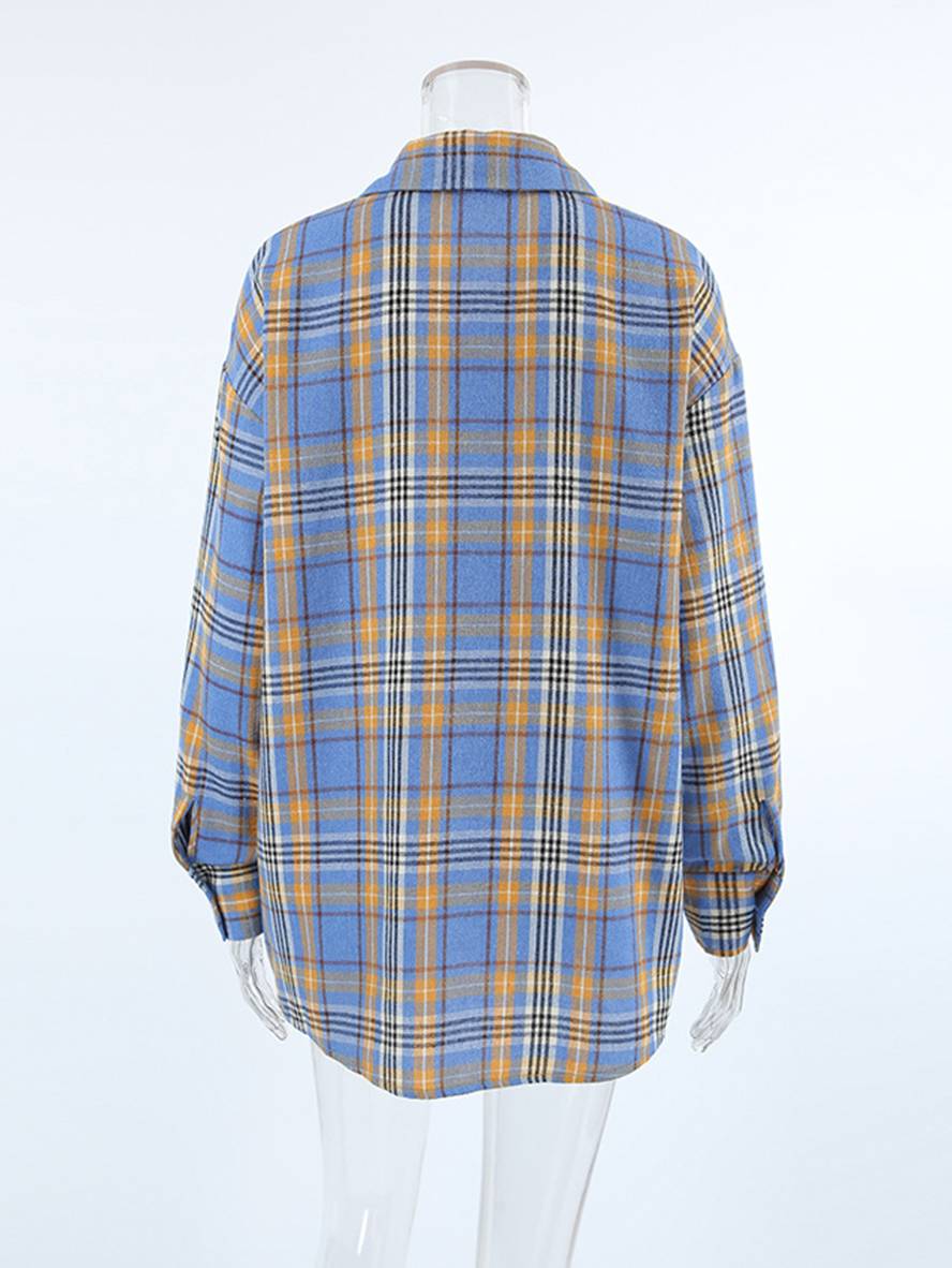 Cocolii surchemise femme carreaux boutonnage poches col chemise manches longues femme vintage décontracté oversized blouse