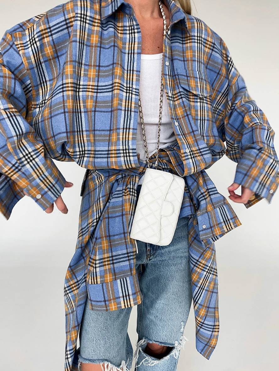 Cocolii surchemise femme carreaux boutonnage poches col chemise manches longues femme vintage décontracté oversized blouse