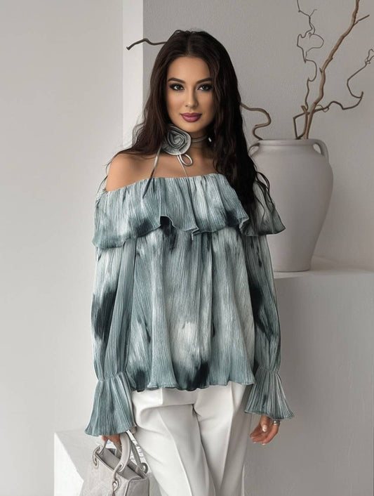 Cocolii blouse tie and dye à volantée col bateau manches évasées manches longues femme élégant vintage décontracté hauts