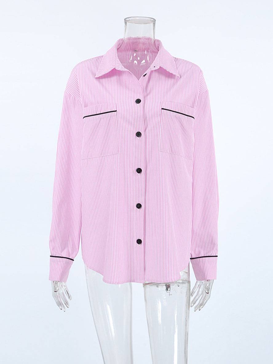Cocolii blouse rayé col chemise boutonnage poches manches longues femme décontracté oversized casual