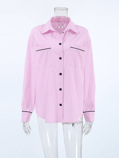 Cocolii blouse rayé col chemise boutonnage poches manches longues femme décontracté oversized casual