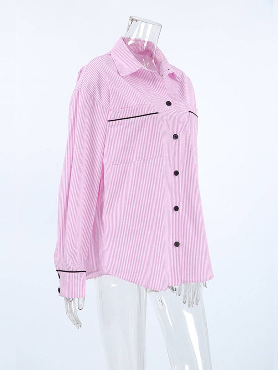 Cocolii blouse rayé col chemise boutonnage poches manches longues femme décontracté oversized casual