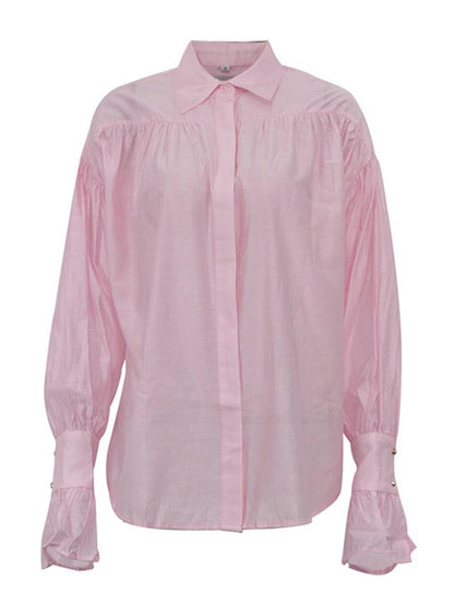 Cocolii blouse unicolore boutonnage col chemise manches évasées manches longues femme élégant décontracté ample