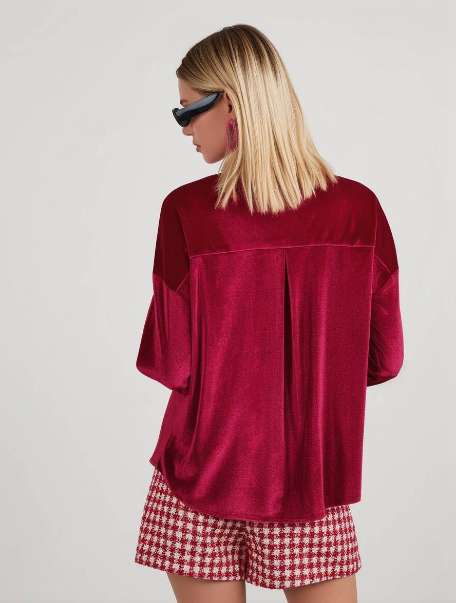 Cocolii blouse unicolore velours boutonnage poches col chemise manches longues femme décontracté ample chemise