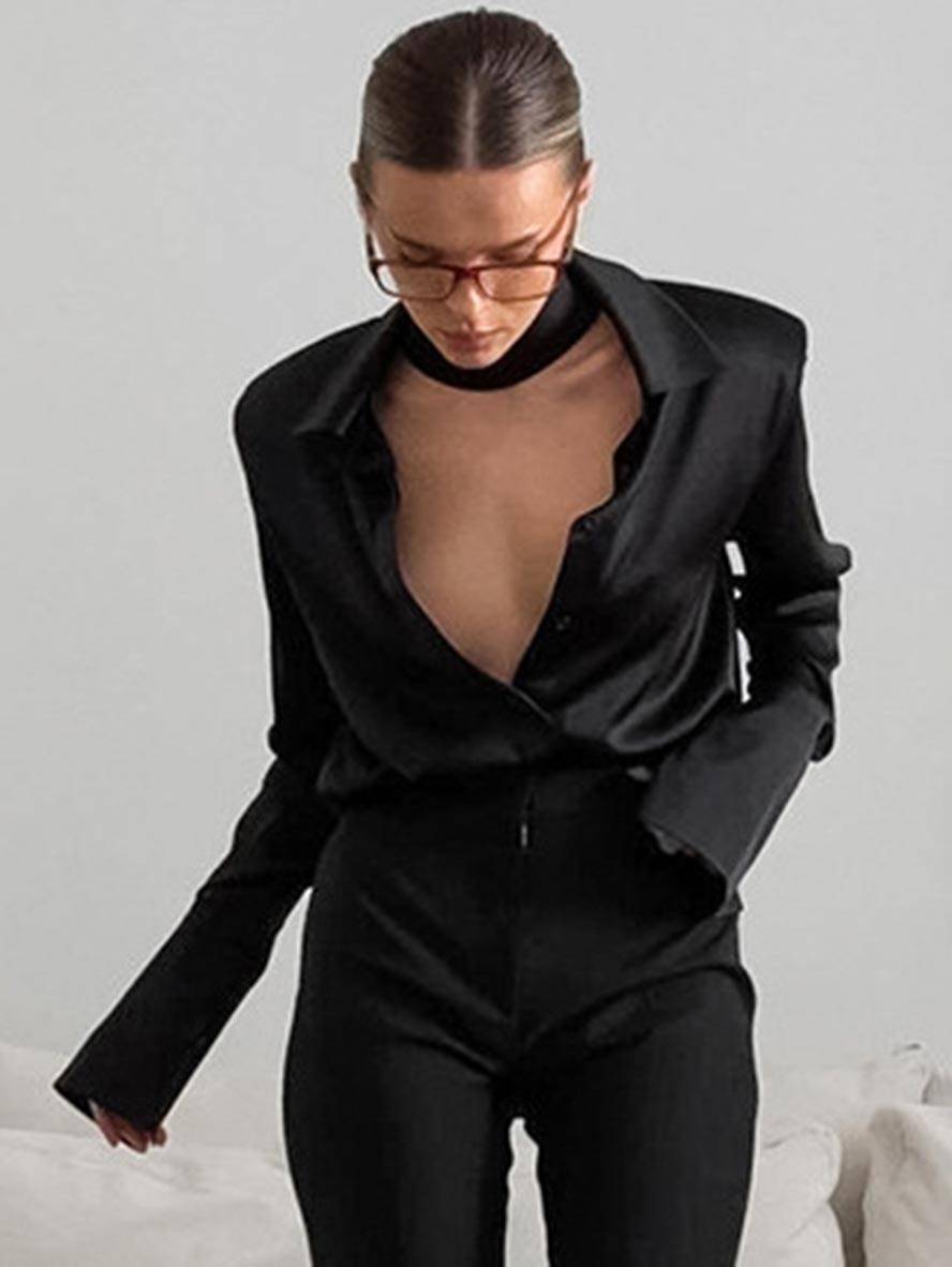 Cocolii chemise en satin boutonnage col chemise manches longues femme élégant décontracté blouse