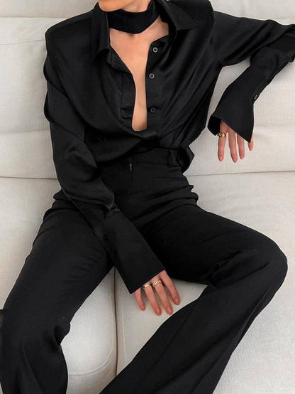 Cocolii chemise en satin boutonnage col chemise manches longues femme élégant décontracté blouse