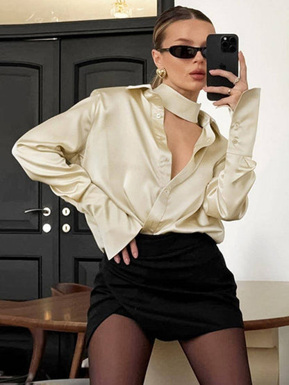 Cocolii chemise en satin boutonnage col chemise manches longues femme élégant décontracté blouse