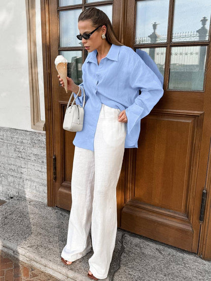 Cocolii chemise unicolore coton boutonnage col chemise manches longues femme élégant décontracté ample blouse