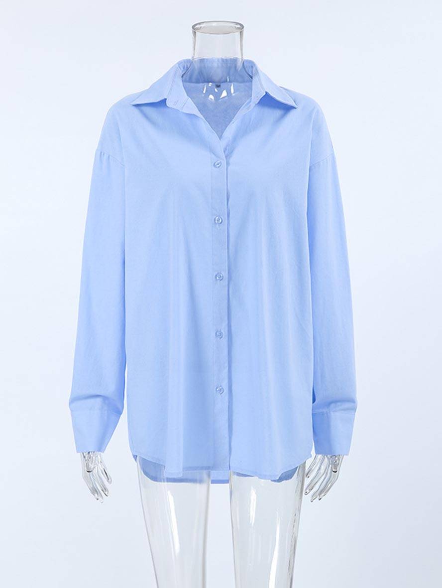 Cocolii chemise unicolore coton boutonnage col chemise manches longues femme élégant décontracté ample blouse