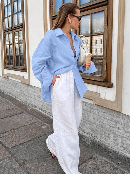 Cocolii chemise unicolore coton boutonnage col chemise manches longues femme élégant décontracté ample blouse