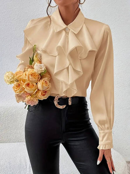 Cocolii chemisier unicolore boutonnage col jabot manches bishop femme élégant décontracté casual blouse