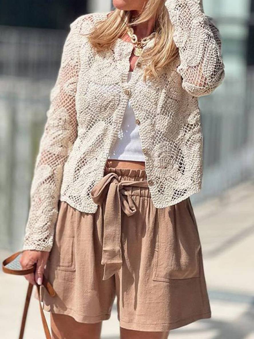 Cocolii chemisier en dentelle unicolore boutonnage col rond manches longues femme élégant vintage décontracté blouse