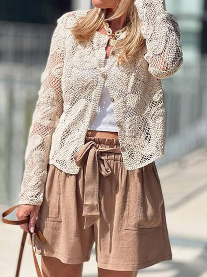 Cocolii chemisier en dentelle unicolore boutonnage col rond manches longues femme élégant vintage décontracté blouse