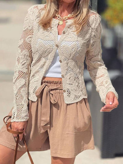 Cocolii chemisier en dentelle unicolore boutonnage col rond manches longues femme élégant vintage décontracté blouse