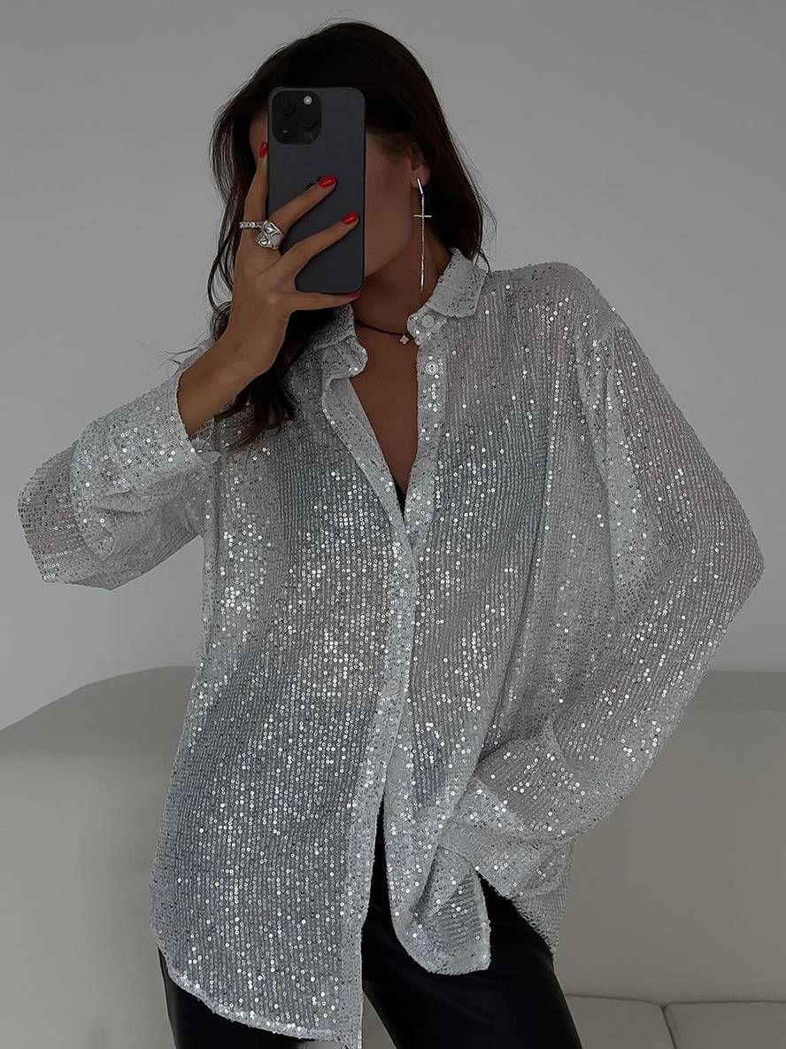 Cocolii chemisier brillante paillette col chemise manches longues femme élégant décontracté oversized blouse