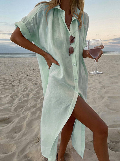 Cocolii chemise robe longue coton lin fendu boutonnage col chemise manches longues femme oversized décontracté blouse de plage