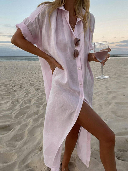 Cocolii chemise robe longue coton lin fendu boutonnage col chemise manches longues femme oversized décontracté blouse de plage