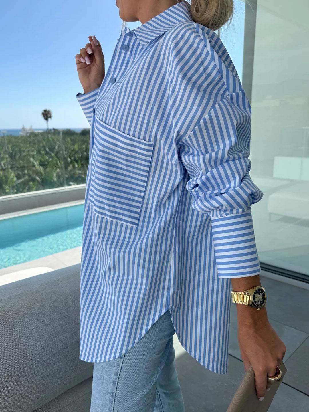 Cocolii blouse rayé boutonnage col chemise manches longues femme élégant style tailleur décontracté oversized
