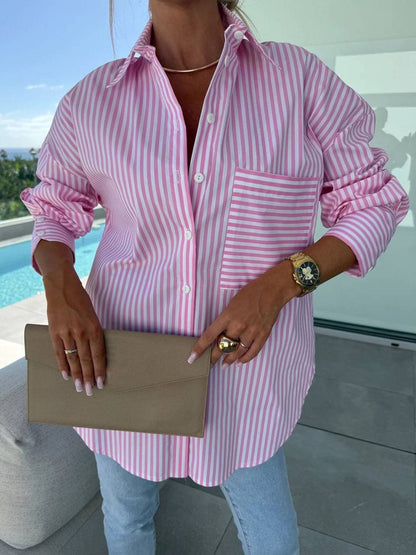 Cocolii blouse rayé boutonnage col chemise manches longues femme élégant style tailleur décontracté oversized