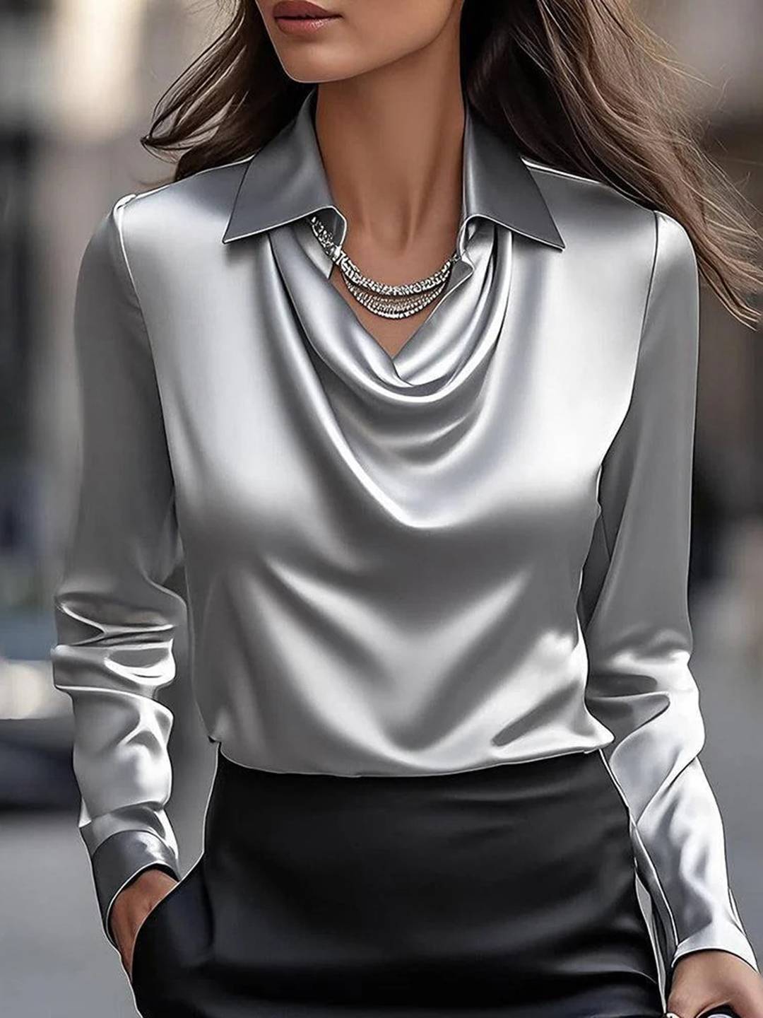 Cocolii blouse en satin unicolore v-cou col bénitier manches longues femme élégant décontracté vêtements de travail