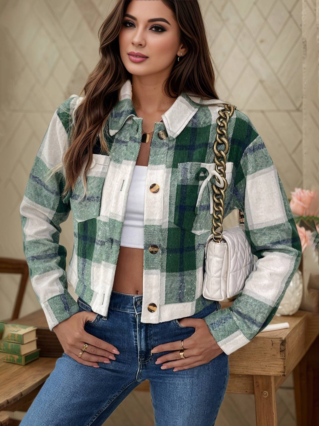 Cocolii surchemise femme carreaux boutonnage poches manches longues femme vintage style boyfriend décontracté blouse veste