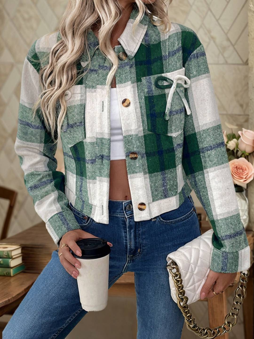 Cocolii surchemise femme carreaux boutonnage poches manches longues femme vintage style boyfriend décontracté blouse veste