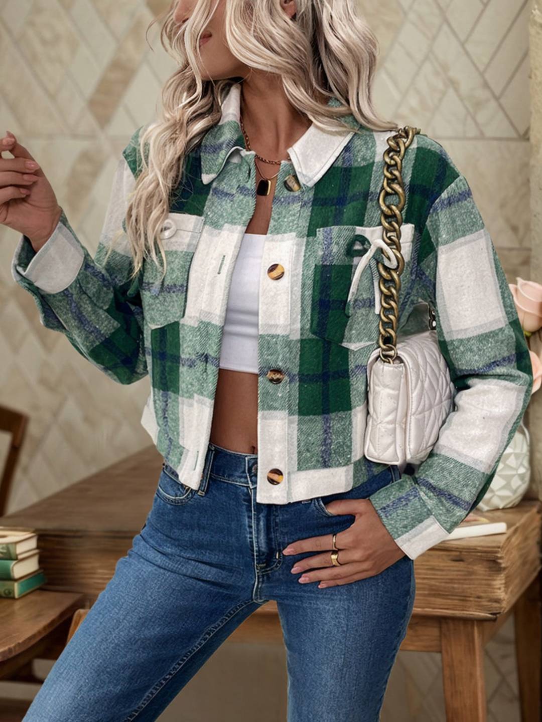 Cocolii surchemise femme carreaux boutonnage poches manches longues femme vintage style boyfriend décontracté blouse veste