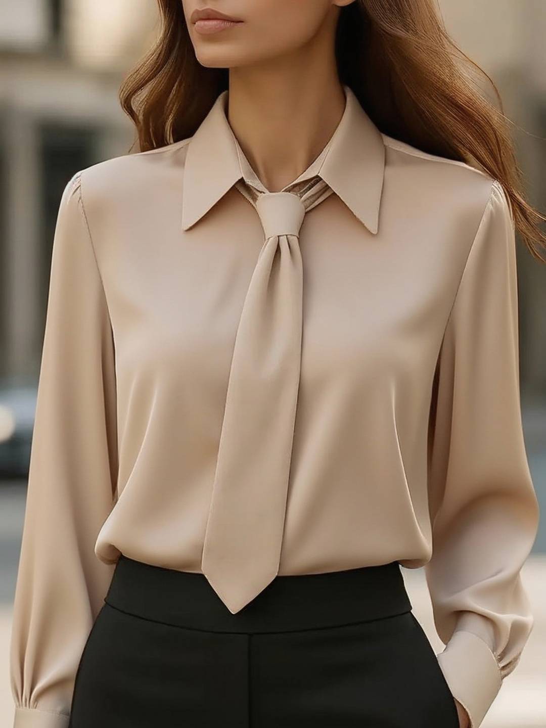 Cocolii chemise unicolore col lavallière manches bishop manches longues femme élégant style tailleur casual blouse
