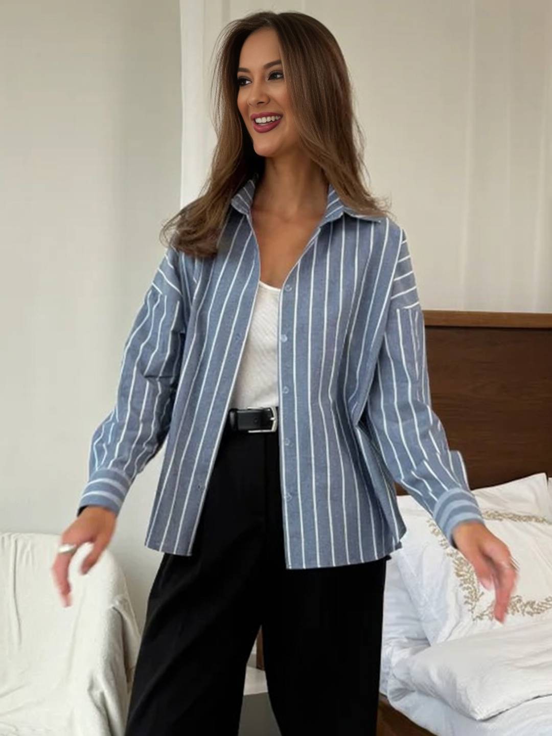 Cocolii chemise ample rayé pour femme boutonnage manches longues femme pour le bureau ou décontractée