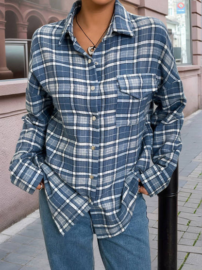 Cocolii veste surchemise femme carreaux boutonnage poches col chemise manches longues femme décontracté blouse automne