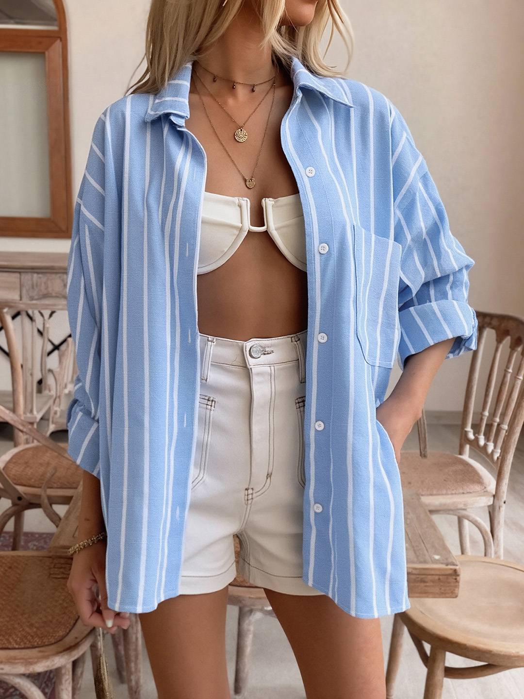 Cocolii chemise oversized femme à rayé boutonnage poches col chemise manches longues femme élégant décontracté blouse