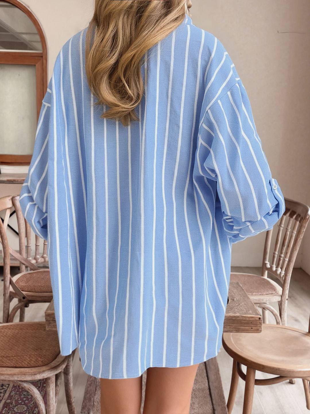 Cocolii chemise oversized femme à rayé boutonnage poches col chemise manches longues femme élégant décontracté blouse