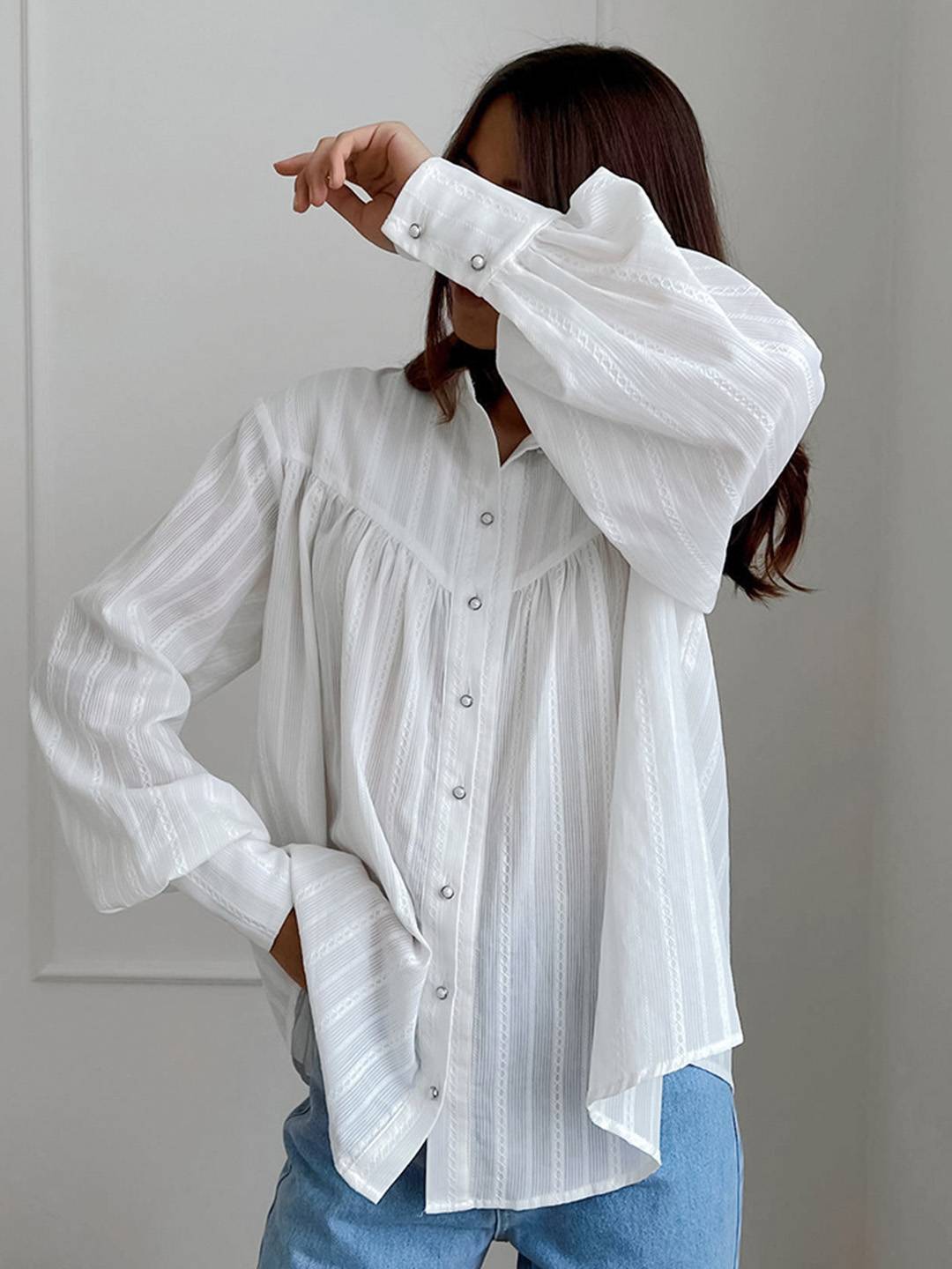 Cocolii chemise coton boutonnage col chemise manches bouffantes manches longues femme élégant vintage décontracté blouse