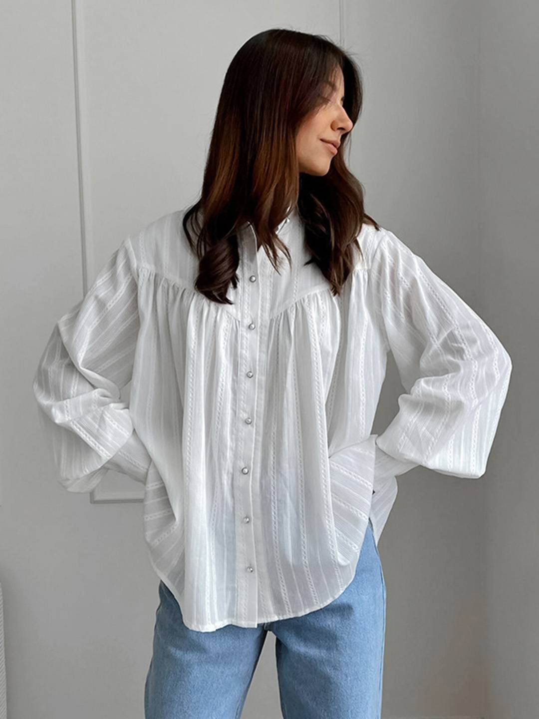 Cocolii chemise coton boutonnage col chemise manches bouffantes manches longues femme élégant vintage décontracté blouse