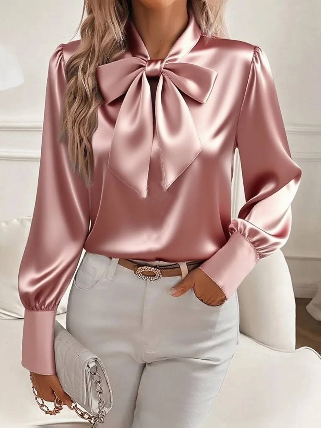 Cocolii chemisier femme en satin noeud papillon col lavallière manches bishop manches longues blouse pour bureau