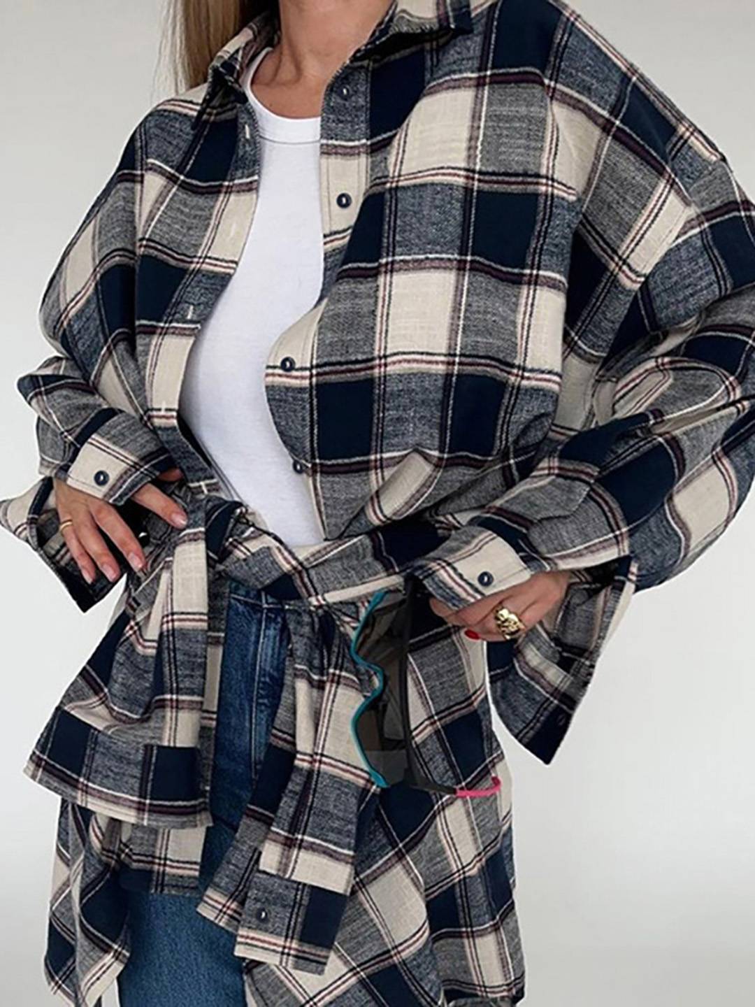 Cocolii surchemise femme carreaux boutonnage col chemise manches longues lâche oversized décontracté blouse