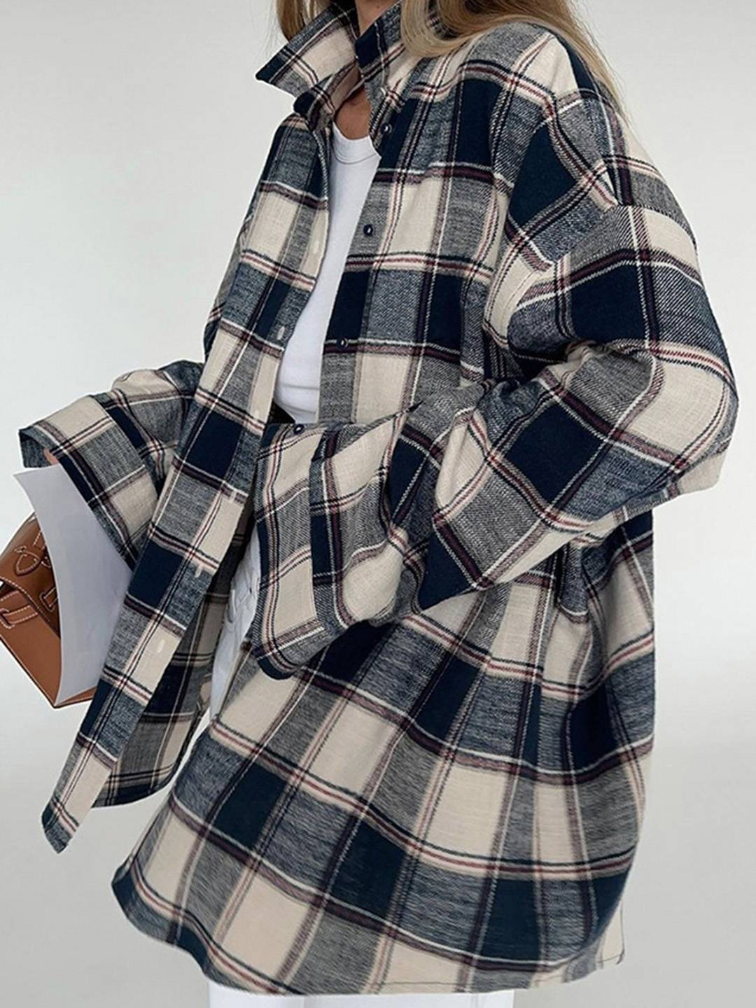 Cocolii surchemise femme carreaux boutonnage col chemise manches longues lâche oversized décontracté blouse