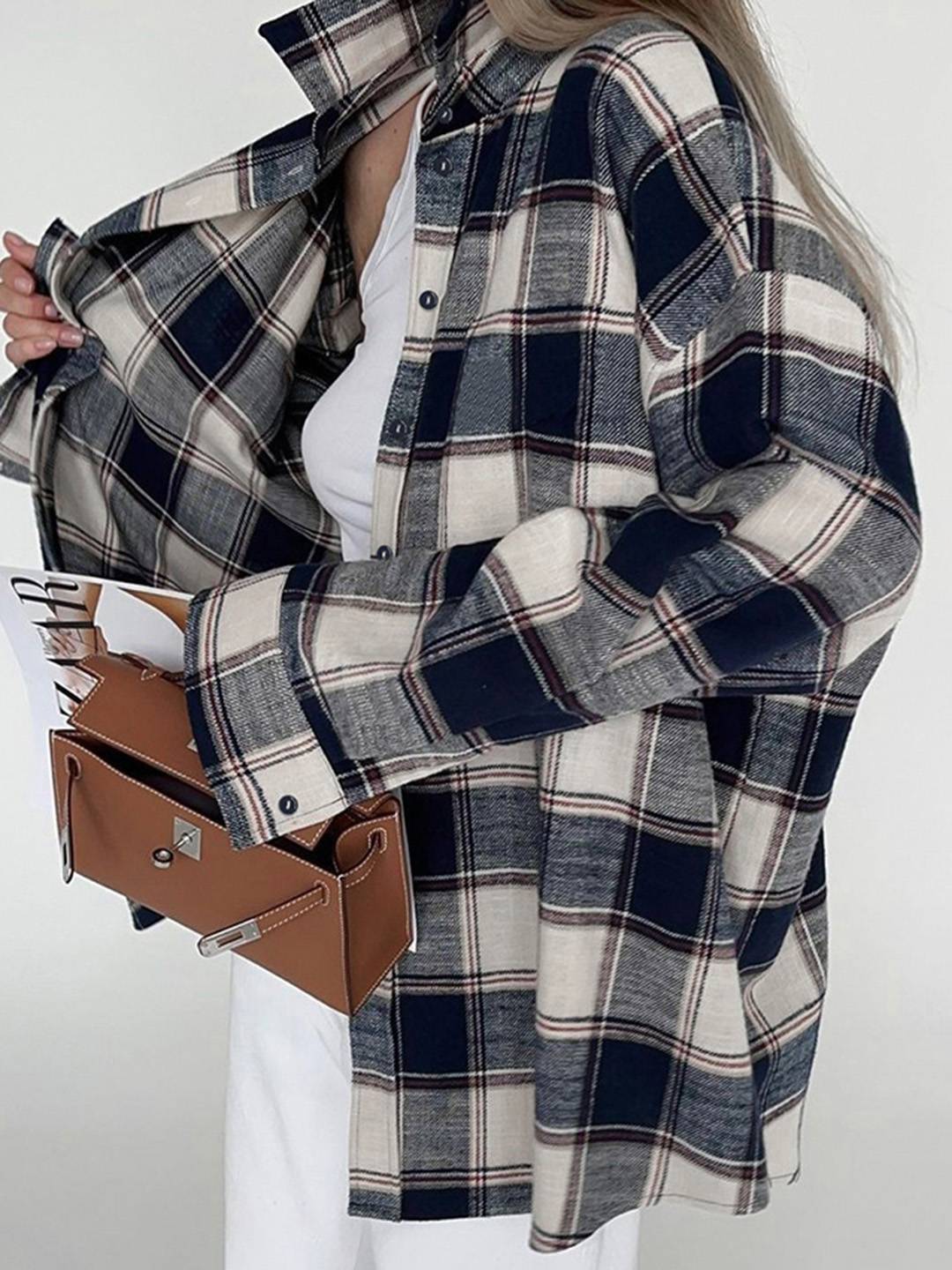 Cocolii surchemise femme carreaux boutonnage col chemise manches longues lâche oversized décontracté blouse