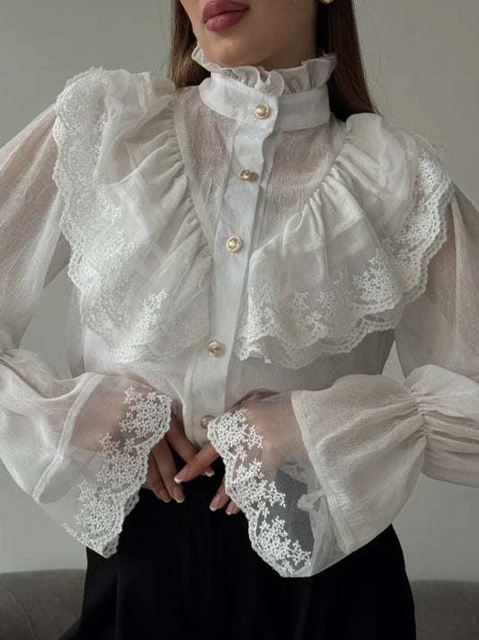 Cocolii chemisier femme dentelle mousseline à volantée boutonnage col montant manches évasées vintage blouse