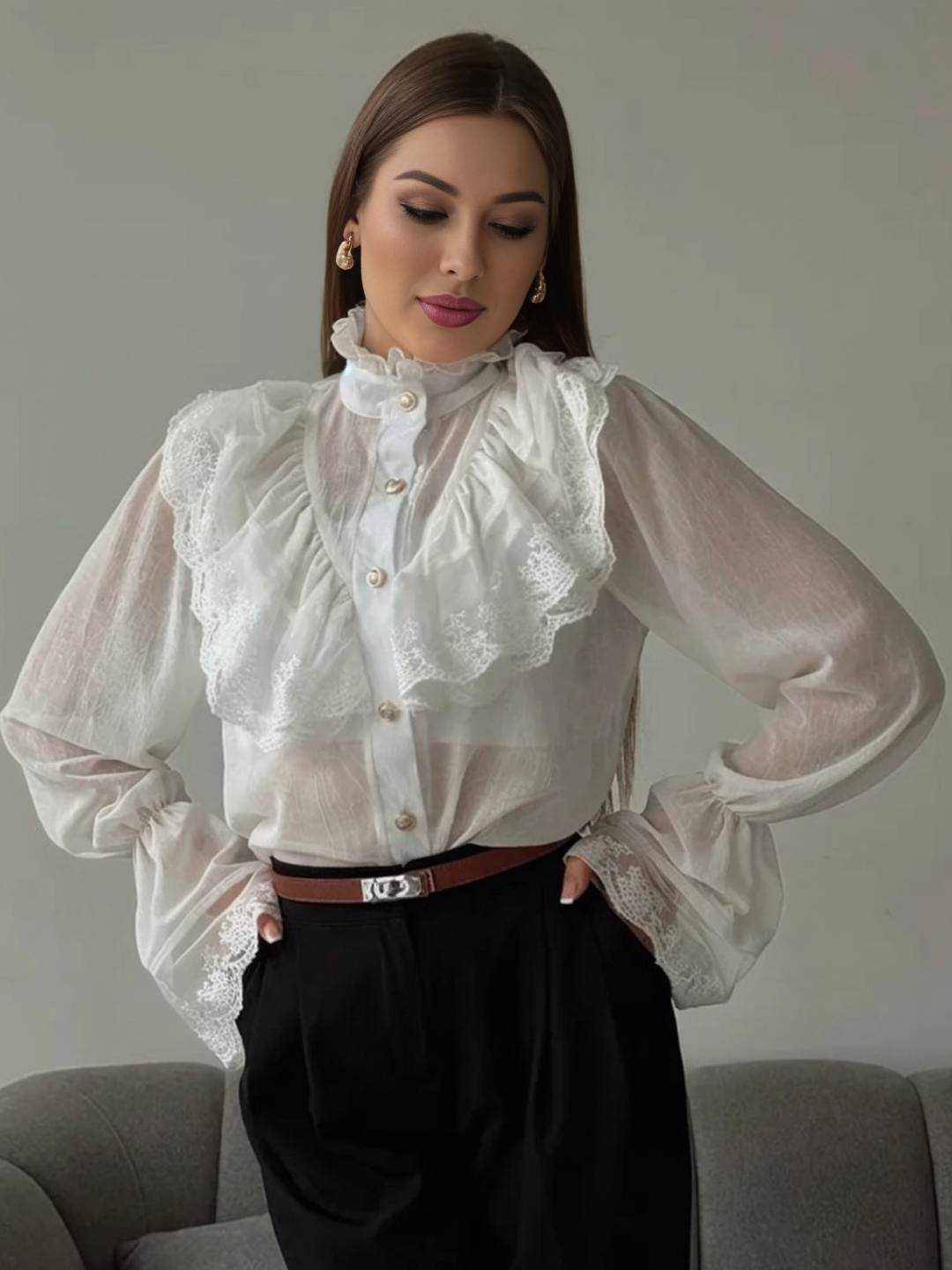 Cocolii chemisier femme dentelle mousseline à volantée boutonnage col montant manches évasées vintage blouse