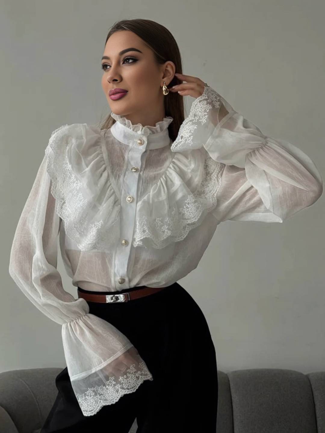 Cocolii chemisier femme dentelle mousseline à volantée boutonnage col montant manches évasées vintage blouse