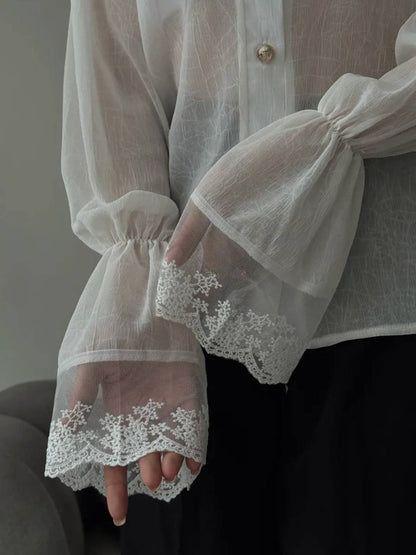 Cocolii chemisier femme dentelle mousseline à volantée boutonnage col montant manches évasées vintage blouse