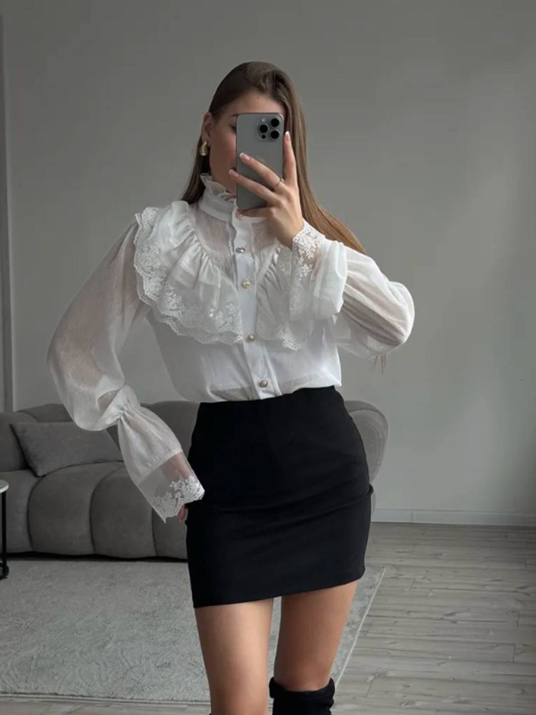 Cocolii chemisier femme dentelle mousseline à volantée boutonnage col montant manches évasées vintage blouse