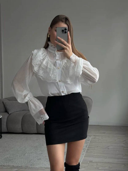 Cocolii chemisier femme dentelle mousseline à volantée boutonnage col montant manches évasées vintage blouse