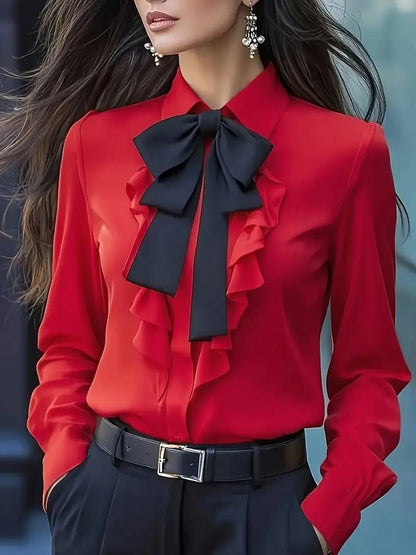 Cocolii chemisier femme avec noeud papillon contrastant col jabot manches bishop casual blouse pour bureau