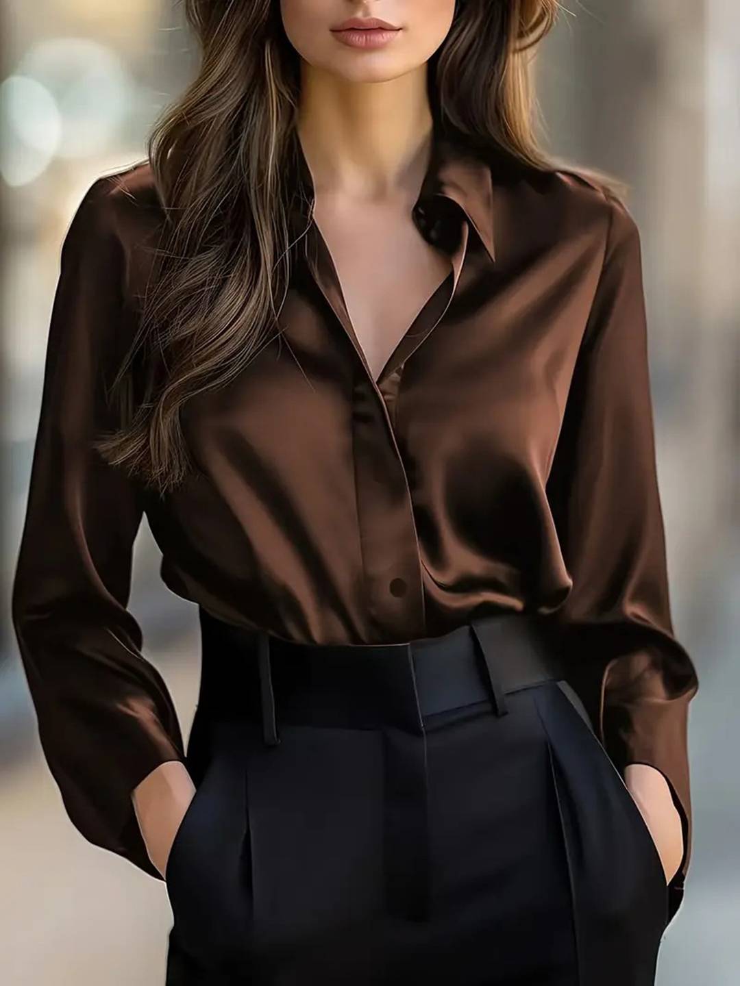 Cocolii chemisier en satin femme boutonnage col chemise manches longues élégant décontracté blouse haut de travail