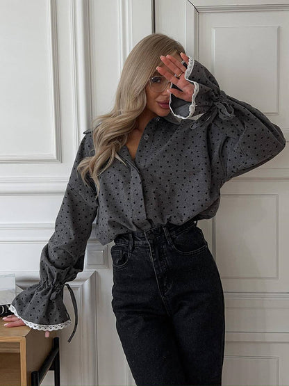 Cocolii chemisier à pois dentelle col chemise manches évasées manches longues femme vintage décontracté doux blouse