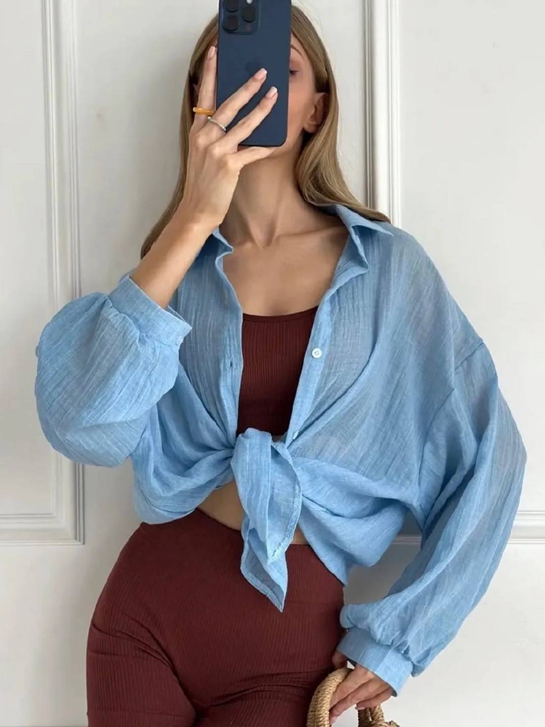 Cocolii chemise femme col chemise manches longues femme élégant décontracté oversized manches bouffantes blouse