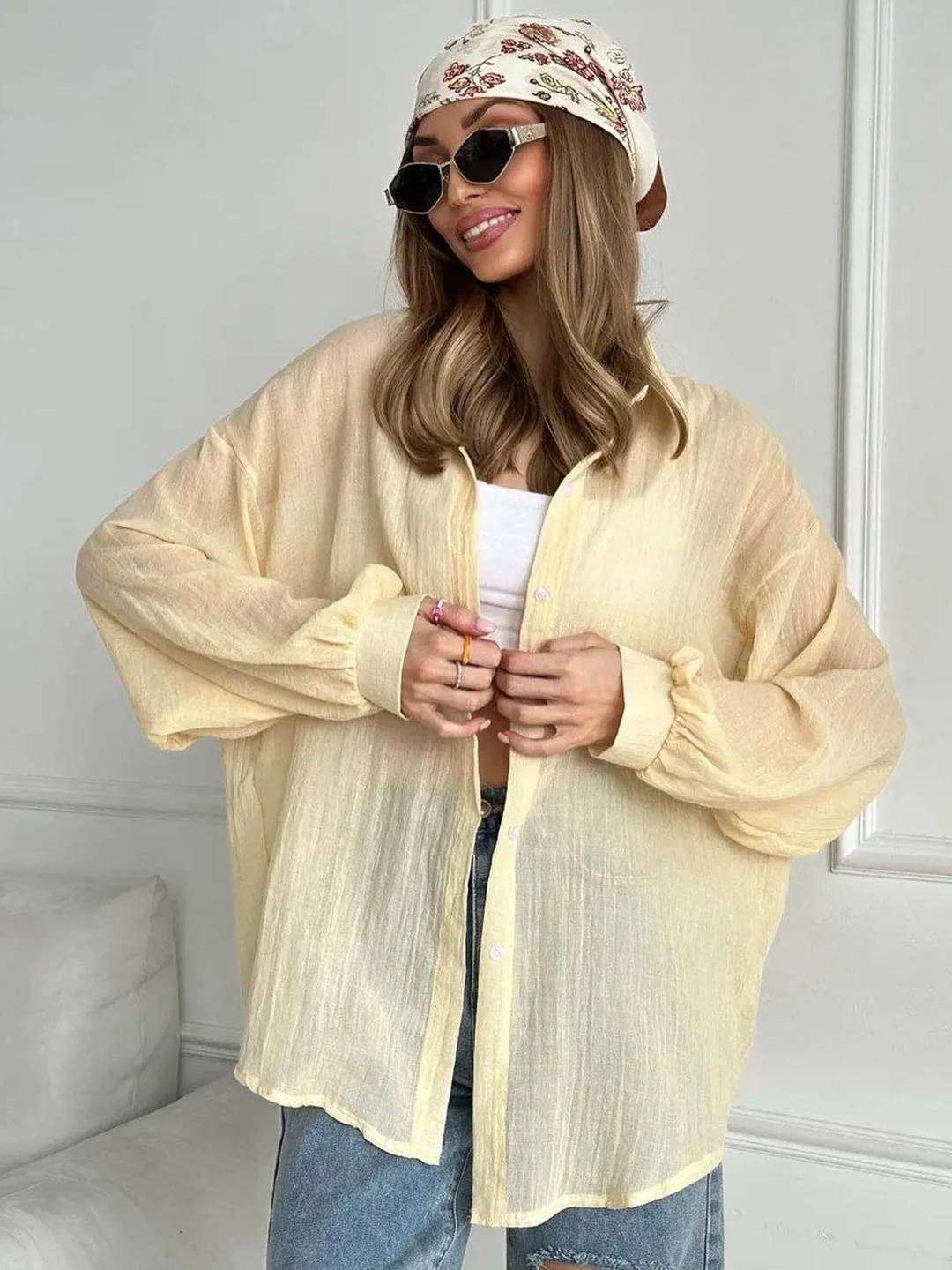 Cocolii chemise femme col chemise manches longues femme élégant décontracté oversized manches bouffantes blouse